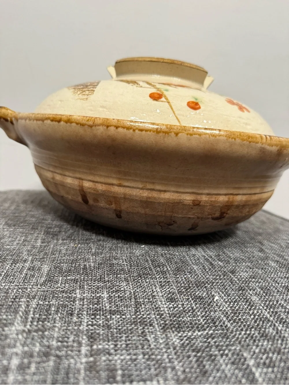 Vintage Japanese Donabe Clay Pot Hand Painted Orange Blossom Casserole Lid 8